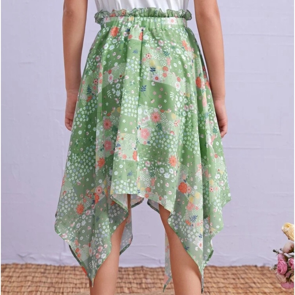Girls High Waist Floral Print Frill Asymmetrical Hem Skirt - Picture 3 of 3